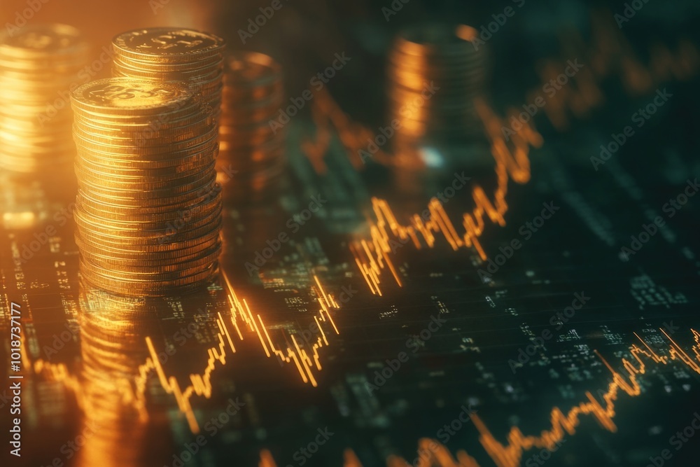 Poster a stack of coins sitting on top of a computer motherboard, suitable for financial or technological t