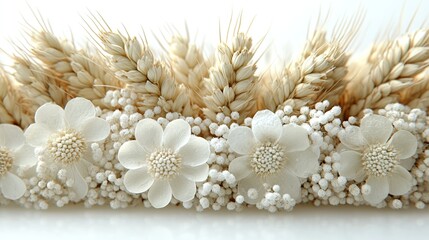 Obraz premium White flowers and wheat arrangement for decoration.