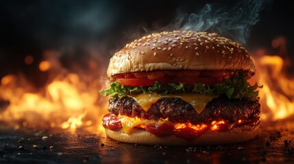 Delicious Burger with Flame Effects and Copy Space for Menu Design