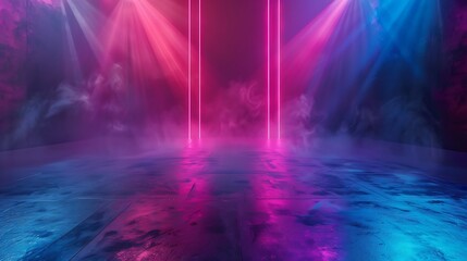 Abstract background, empty stage with neon lights, smoke, fog