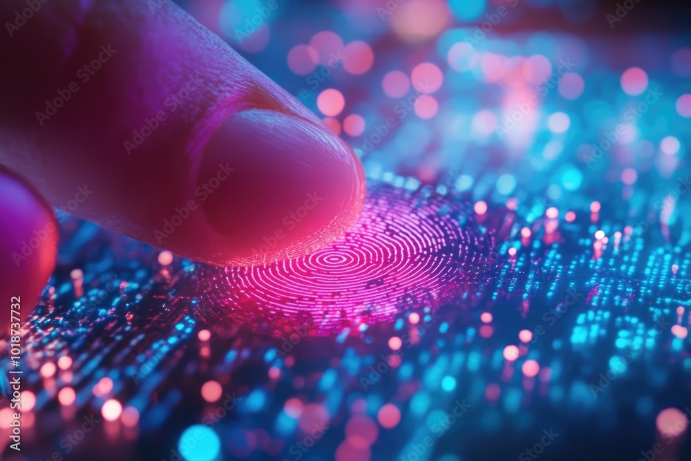 Aufkleber A close-up view of a finger touching a fingerprint on a computer screen, highlighting the biometric authentication process