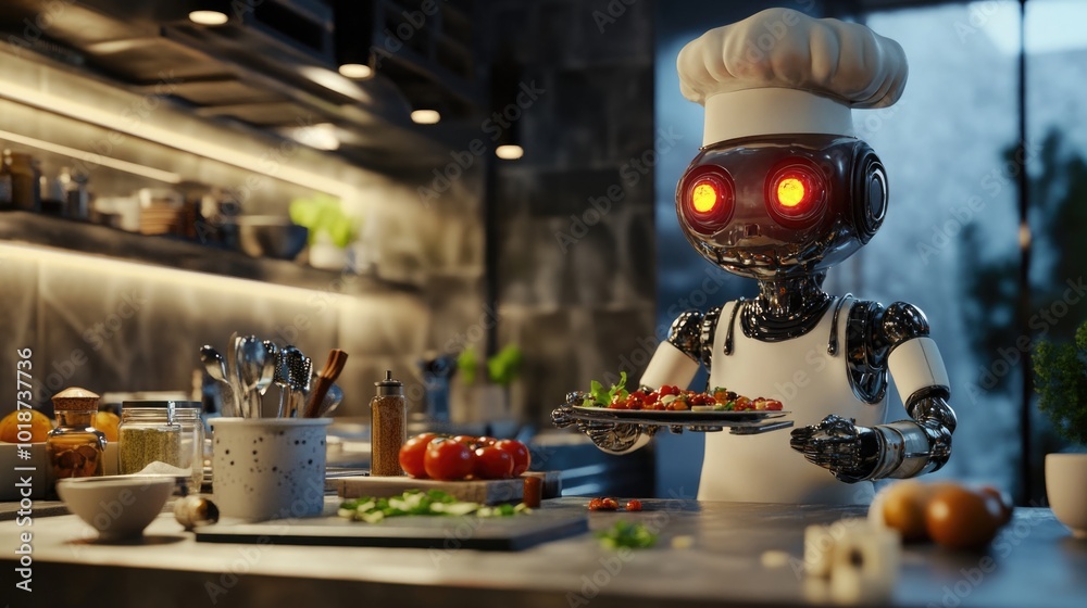 Aufkleber a robot holds a plate of food in a modern kitchen setting, great for illustrations about automation 