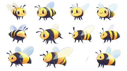 Obraz premium set of Cute cartoon bee illustrations in watercolor style with bold outlines. chibi style, No shadows. Minimalist children's illustration