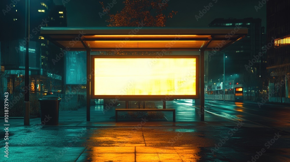 Poster nighttime scene of a bus stop with a bright yellow light, suitable for use in cityscape or urban env