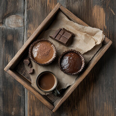 Delight in rich flavors of chocolate souffle served in individual baking cups, accompanied by cup of coffee and chocolate pieces, perfect for cozy treat