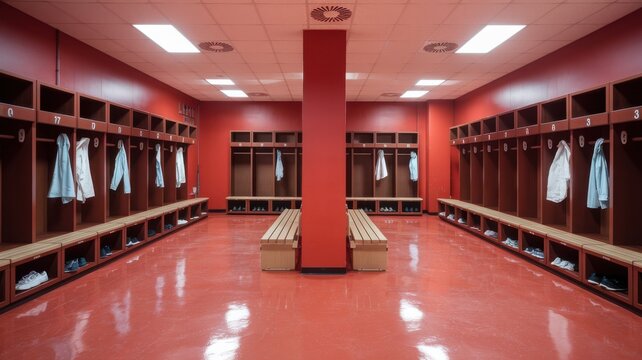 Sports locker room interior with red walls and wooden benches, empty and organized.