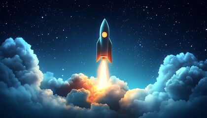 Naklejka premium A stunning rocket launching into the starry night sky, leaving a trail of fire amidst fluffy clouds, symbolizing adventure and exploration.