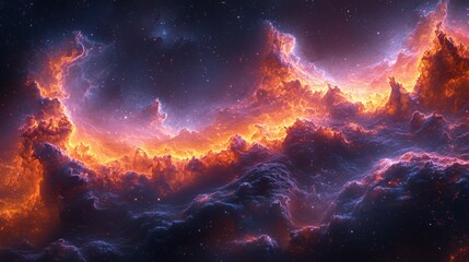 Fototapeta premium Vibrant cosmic clouds glow in fiery hues over a vast expanse of outer space at night