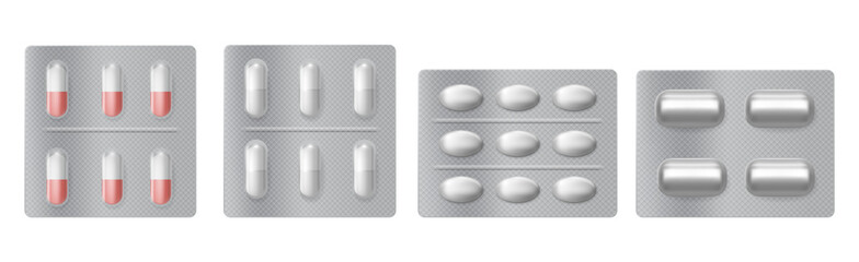 Silver pills blister pack isolated on white background, drug package cut out .