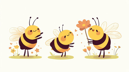 Fototapeta premium set of Cute cartoon bee illustrations in watercolor style with bold outlines. chibi style, No shadows. Minimalist children's illustration