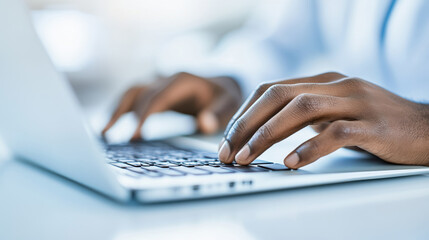 Close-up of hands typing on a laptop, with focus on swift keystrokes and modern technology in a bright workspace setting.