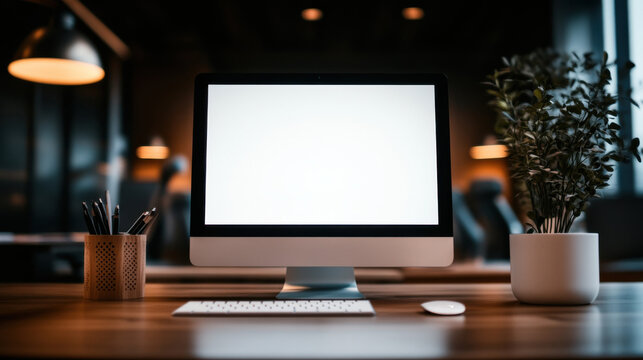 A pristine computer setup adorns a wooden desk, bathed in understated light, with an inviting, sophisticated ambiance for focused work.
