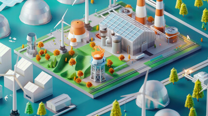 Obraz premium A futuristic industrial facility powered by renewable resources, showcasing the principles of a circular economy with sustainable waste management. Clean, tech-driven visuals.