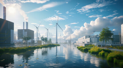 A futuristic industrial facility powered by renewable resources, showcasing the principles of a circular economy with sustainable waste management. Clean, tech-driven visuals.