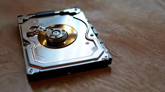 There is a metal open hard drive on the desktop