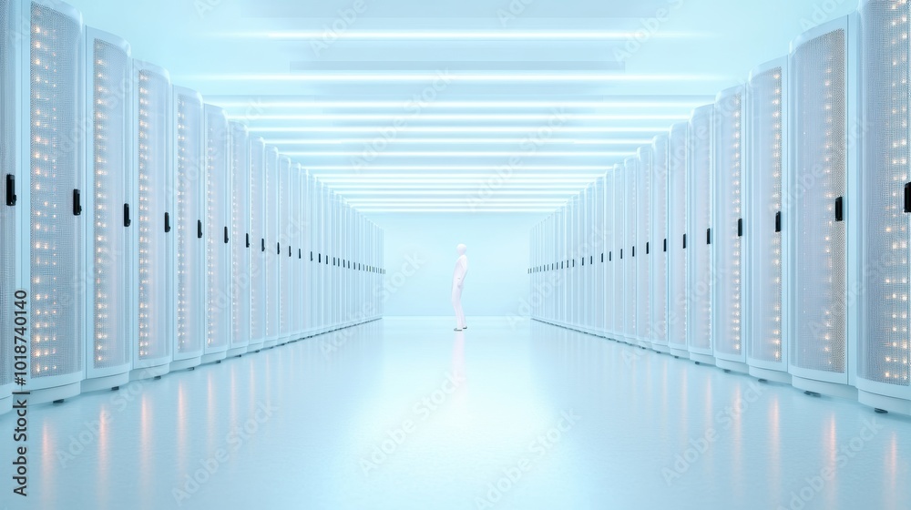 Poster a server room with massive data storage, highlighting the importance of fast data processing.