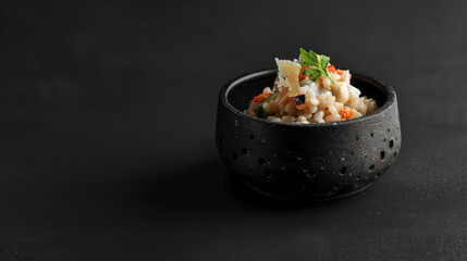 Deconstructed Risotto ai Frutti di Mare on a black background, showcasing risotto and seafood with pouring broth in negative space.