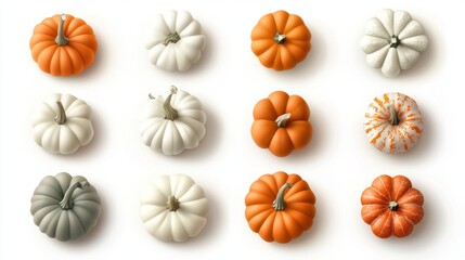 Variety of autumn pumpkins, top view isolated on a white background. Assorted shades of orange and white.