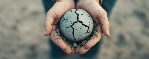 Hands holding a cracked earth globe, symbolizing environmental concerns and climate change on a sandy background.