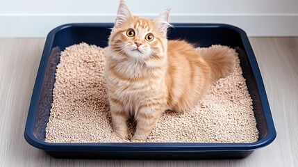 Cute orange cat sitting in a litter box, looking curiously with its big eyes.