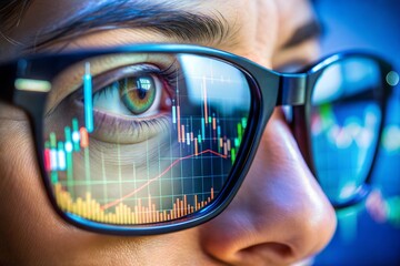 Close-up of eye with stock market chart reflected in glasses