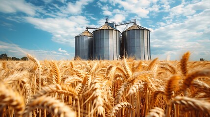 Agricultural Silos on a wheat field with blue sky