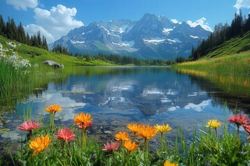majestic mountain range reflected in a crystalclear alpine lake vibrant wildflowers dot the foreground framing the serene and aweinspiring natural landscape