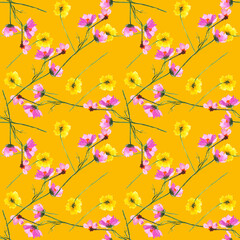 Pattern con delicati fiorellini gialli e rosa su sfondo arancio