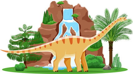 Cartoon prehistoric dinosaur lizard, Aragosaurus in Jurassic park forest, vector dino character. Prehistoric era funny dinosaur Aragosaurus in jungle with waterfall on mountain for kids paleontology © Vector Tradition