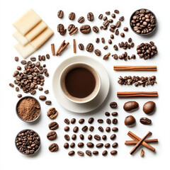 beautifully arranged flat lay of coffee elements, featuring cup of brewed coffee surrounded by various coffee beans, ground coffee, cinnamon sticks, and sponge pieces. This composition evokes warm