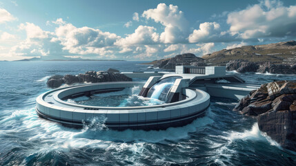 A futuristic tidal energy plant harnessing the power of ocean tides with sleek, cutting-edge technology integrated into a coastal landscape. Clean and modern tone.
