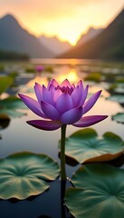 Blooming Purple Lotus Water Lily in Full Bloom Floating on a Pond Aquatic Leaves Nymphaeaceae