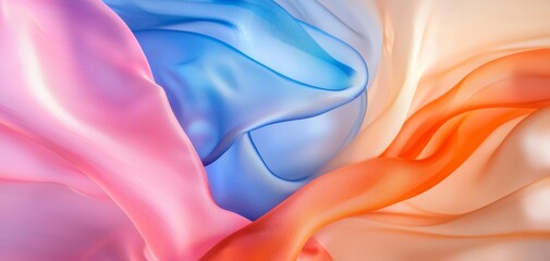 Obraz premium Abstract flowing fabric with vibrant hues of pink, blue, and orange, silky texture and soft lighting, perfect for artistic backgrounds, fashion designs, or dynamic visual art