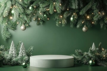 Christmas background with podium for product display. 3d rendering. Green background. with generative ai