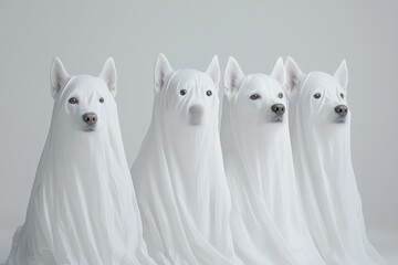 Fototapeta premium Adorable puppies dressed in ghost costumes, sitting in a row with playful expressions, perfect for Halloween-themed ads, pet care promotions, or cute festive visuals