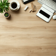 modern office desk setup featuring laptop, coffee cup, and stationery items, creating productive and inviting workspace