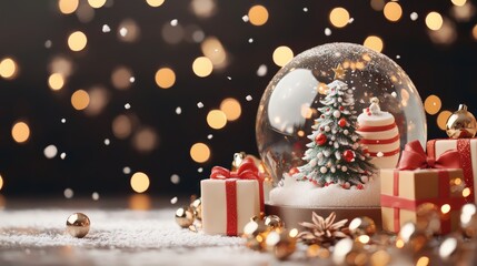 Christmas snow globe festive winter scene. New Year and Christmas background