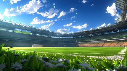 Fototapeta premium Beautiful football stadium with grass and blue sky
