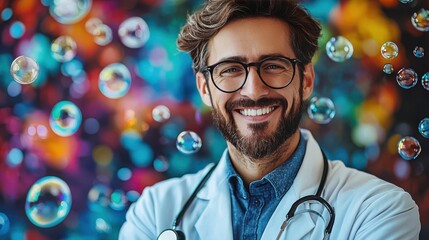 Smiling male doctor with glasses in a colorful background filled with bubbles, promotes a positive healthcare environment in a playful manner