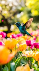 Fototapeta premium Hummingbird Hovering Over Colorful Flowers