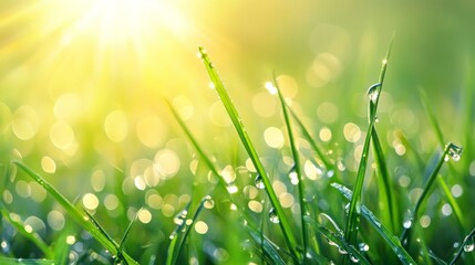 Fototapeta premium Dew drops on blades of grass illuminated by the morning sun.