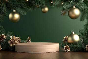 Christmas background with podium for product display. 3d rendering. Green background. with generative ai