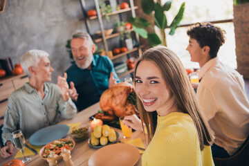Portrait of big full family good mood chatting eat thanksgiving gathering celebration dinner flat indoors