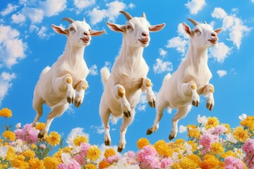 Cheerful goats leaping through a blooming flower meadow, vibrant colors and blue sky, ideal for joyful nature visuals, children s content, or fun and whimsical designs