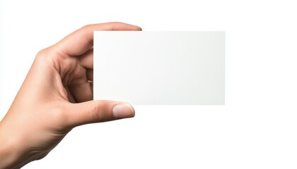 Obraz premium Close-up of a hand holding a blank white card, isolated on white background, perfect for business card mockups, identification concepts, or branding visuals