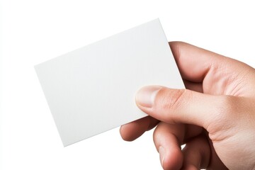 Obraz premium Close-up of a hand holding a blank white card, isolated on white background, perfect for business card mockups, identification concepts, or branding visuals