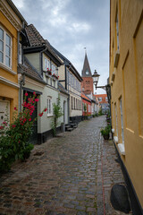 typical street in aalborg in denmark with colored houses