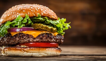 Close-up of a juicy cheeseburger with lettuce, tomato, onion, and pickles on a sesame seed bun, set on a rustic wooden table, perfect for fast food ads or restaurant menus