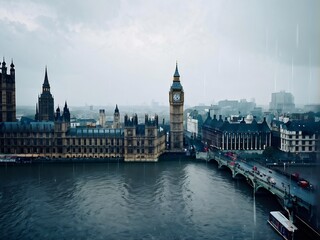 Naklejka premium Rainy Day in London: View of Big Ben and Houses of Parliament