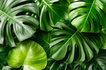 A vibrant background of lush tropical green leaves, featuring large, overlapping palm and monstera leaves, creating a dense, natural jungle feel, perfect for exotic design projects.